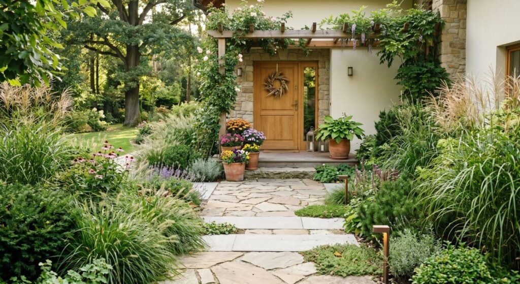 Kamienna ścieżka prowadząca do drewnianych drzwi otoczona bujnymi rabatami i trawami ozdobnymi.