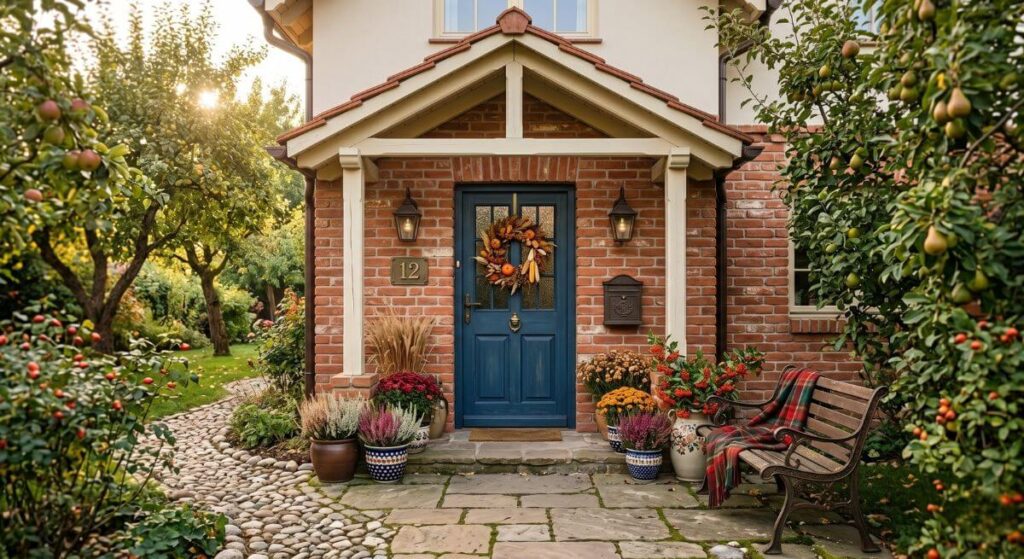 Zadaszone wejście do domu - inspiracje z głębokim podcieniem wykończonym drewnem.