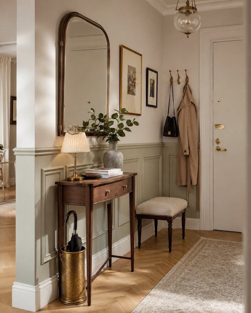 Mały przedpokój - inspiracje. Ściany z boazerią angielską Elegancka boazeria angielska w jasnym kolorze w wąskim korytarzu